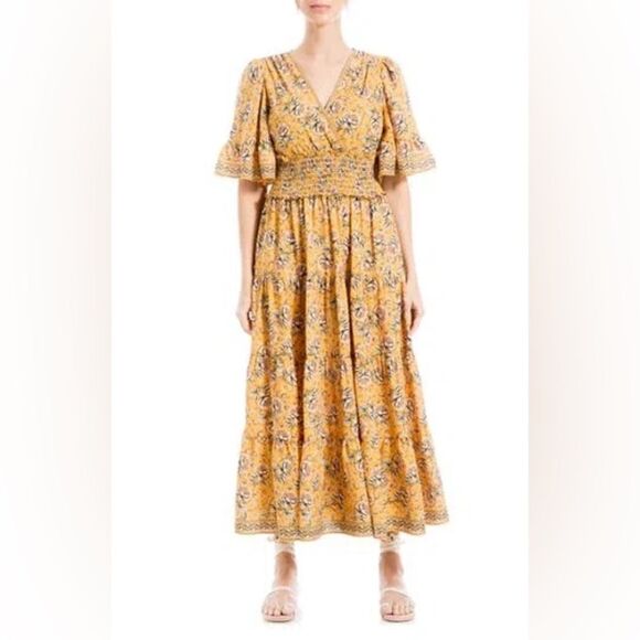 NWT Max Studio Smocked Waist Midi Dress in Gold Womens Size XS - Picture 1 of 5